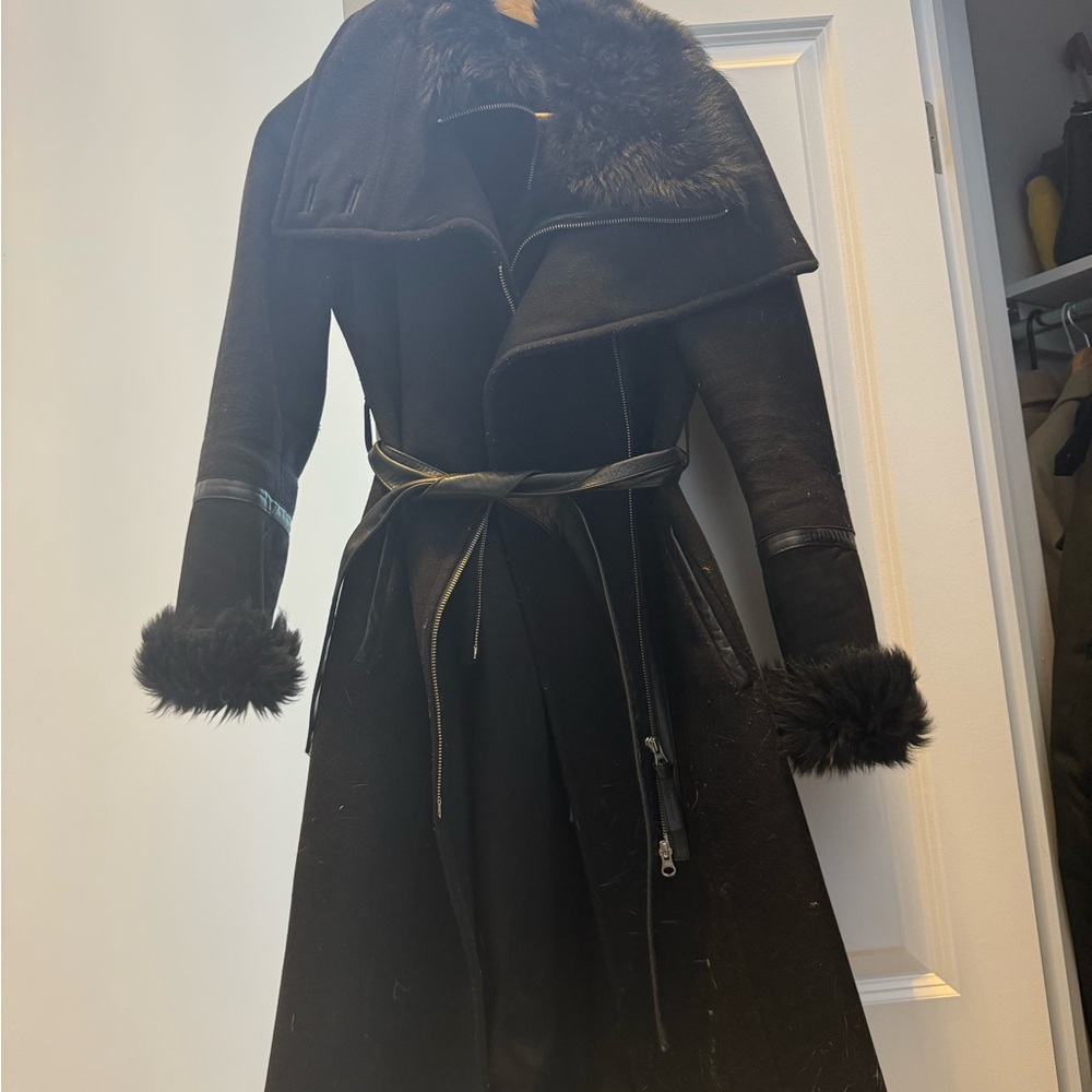 Mackage Black Shearling-Trim Trench Coat